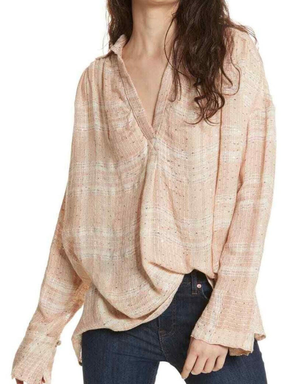 Free People Pale Blush Metallic Thread V-Neck Peasant Blouse